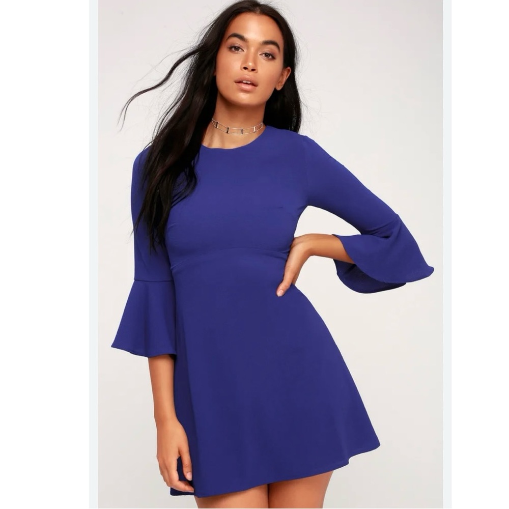 Lulus Center of Attention Flounce Sleeve Dress in Royal Blue size Small Flare